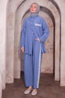 Tesettür giyim MAVİ NAKIŞ DETAYLI PANTOLONLU TAKIM T 4974