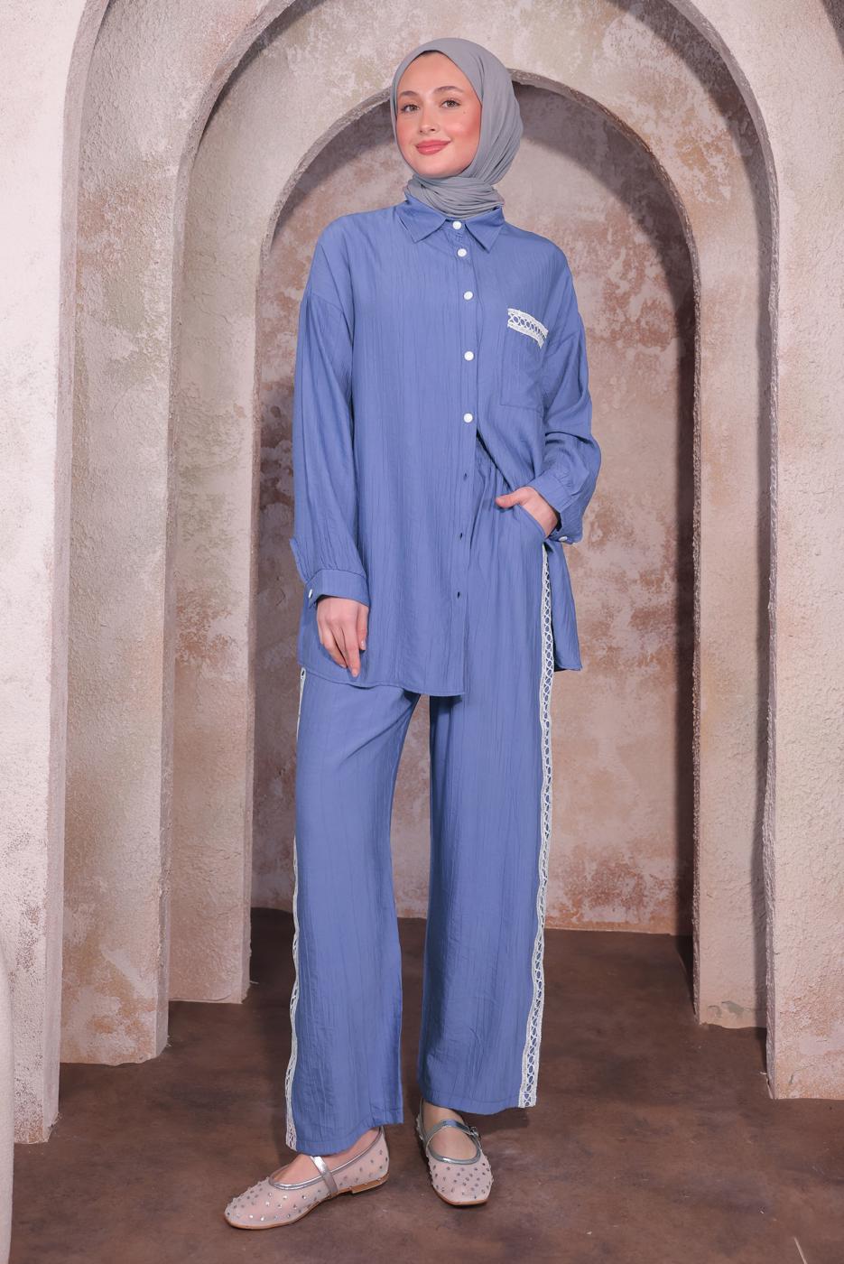 Tesettür giyim MAVİ NAKIŞ DETAYLI PANTOLONLU TAKIM T 4974