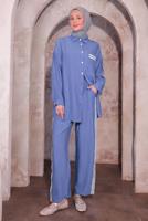 Tesettür giyim MAVİ NAKIŞ DETAYLI PANTOLONLU TAKIM T 4974