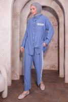 Tesettür giyim MAVİ NAKIŞ DETAYLI PANTOLONLU TAKIM T 4974