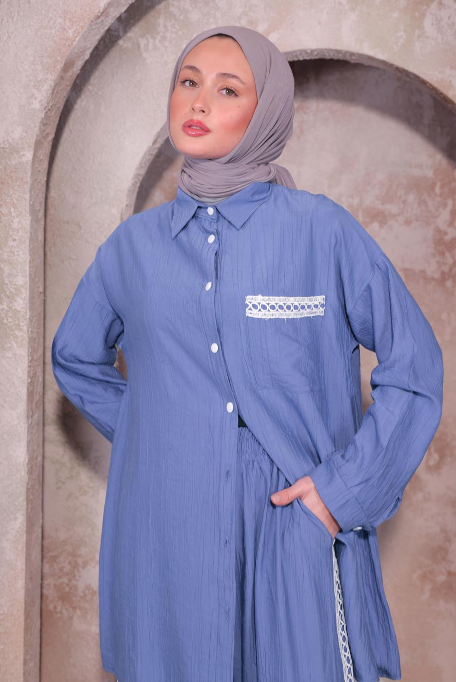 Tesettür giyim MAVİ NAKIŞ DETAYLI PANTOLONLU TAKIM T 4974