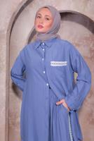 Tesettür giyim MAVİ NAKIŞ DETAYLI PANTOLONLU TAKIM T 4974