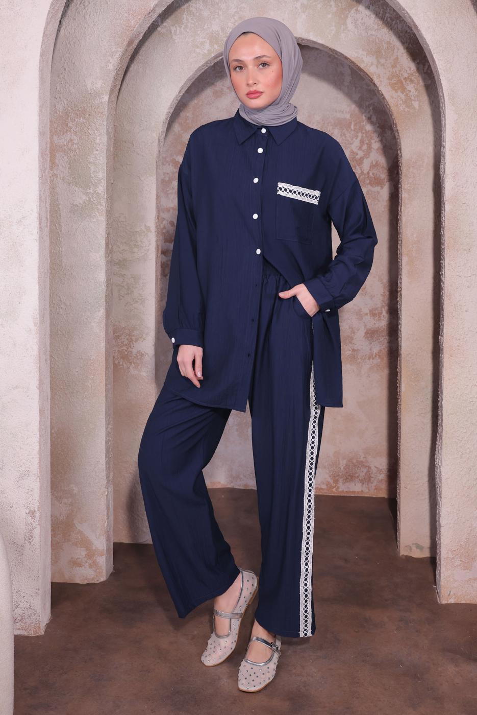 Tesettür giyim LACİVERT NAKIŞ DETAYLI PANTOLONLU TAKIM T 4974