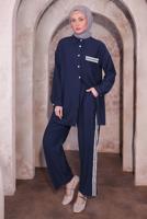 Tesettür giyim LACİVERT NAKIŞ DETAYLI PANTOLONLU TAKIM T 4974