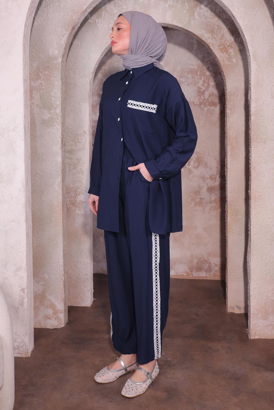 Tesettür giyim LACİVERT NAKIŞ DETAYLI PANTOLONLU TAKIM T 4974