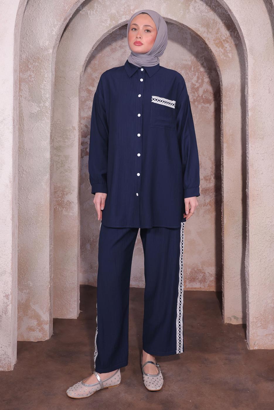 Tesettür giyim LACİVERT NAKIŞ DETAYLI PANTOLONLU TAKIM T 4974