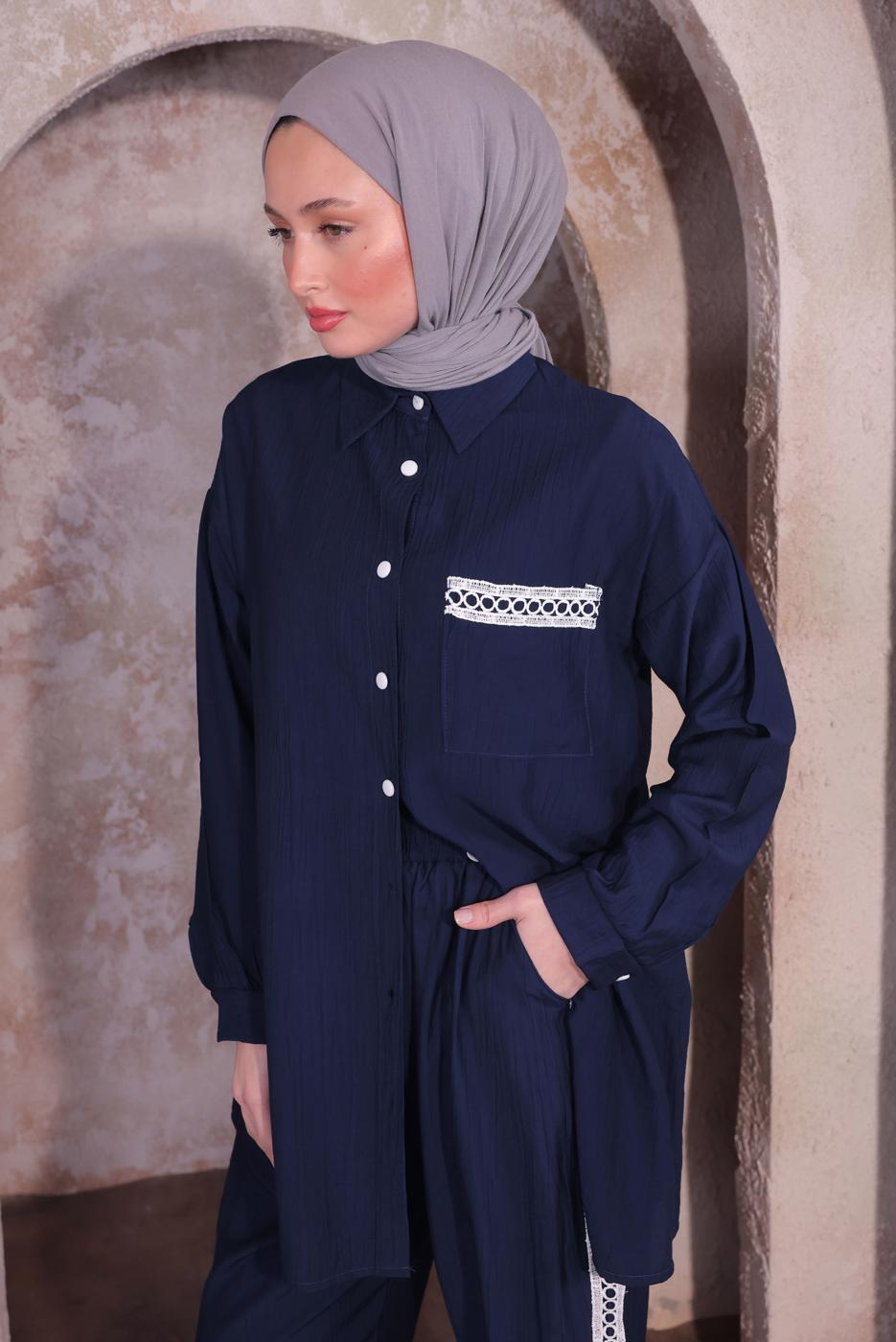 Tesettür giyim LACİVERT NAKIŞ DETAYLI PANTOLONLU TAKIM T 4974