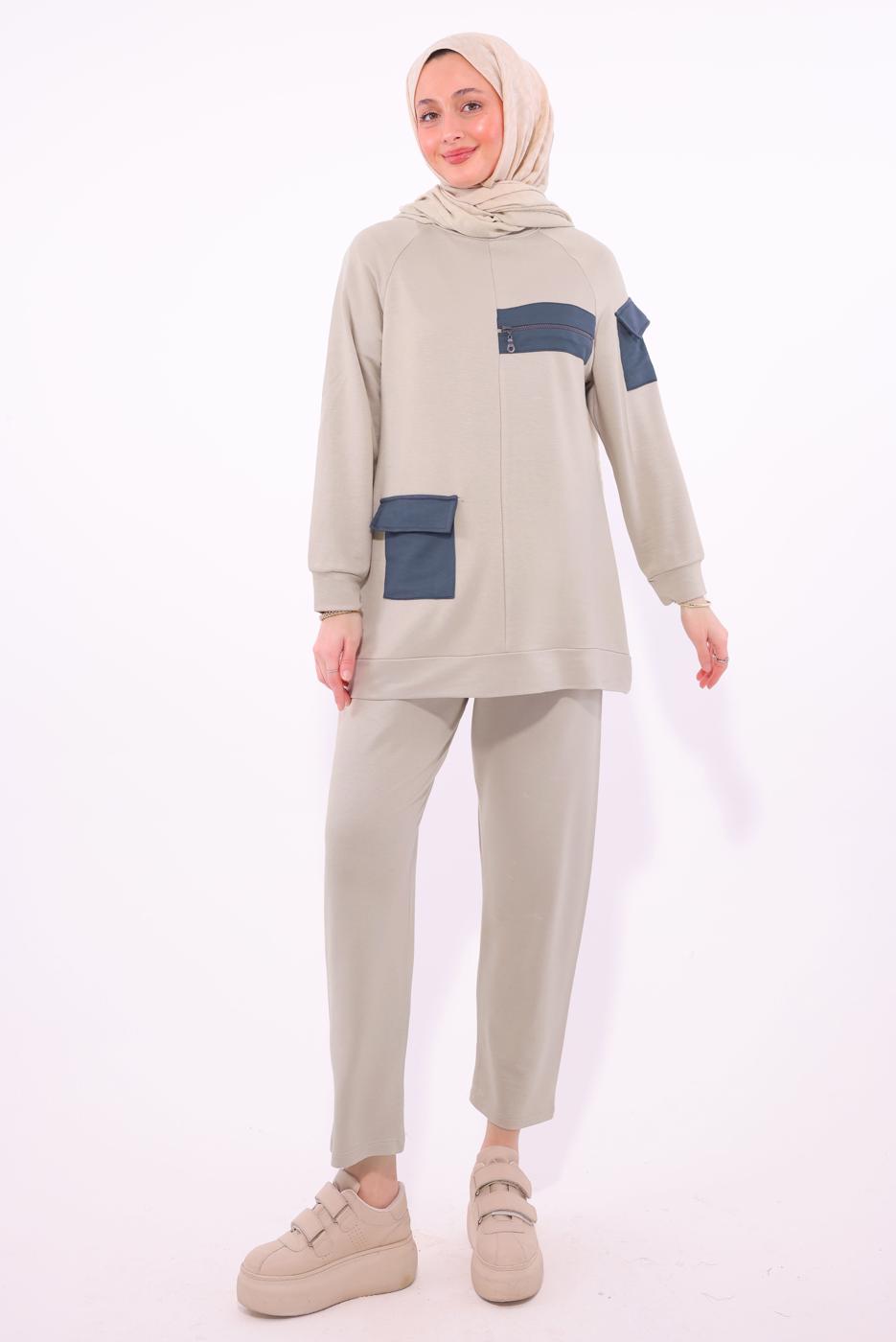 Tesettür giyim BEJ CEPLİ PANTOLONLU TAKIM T 5074