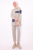 Tesettür giyim BEJ CEPLİ PANTOLONLU TAKIM T 5074