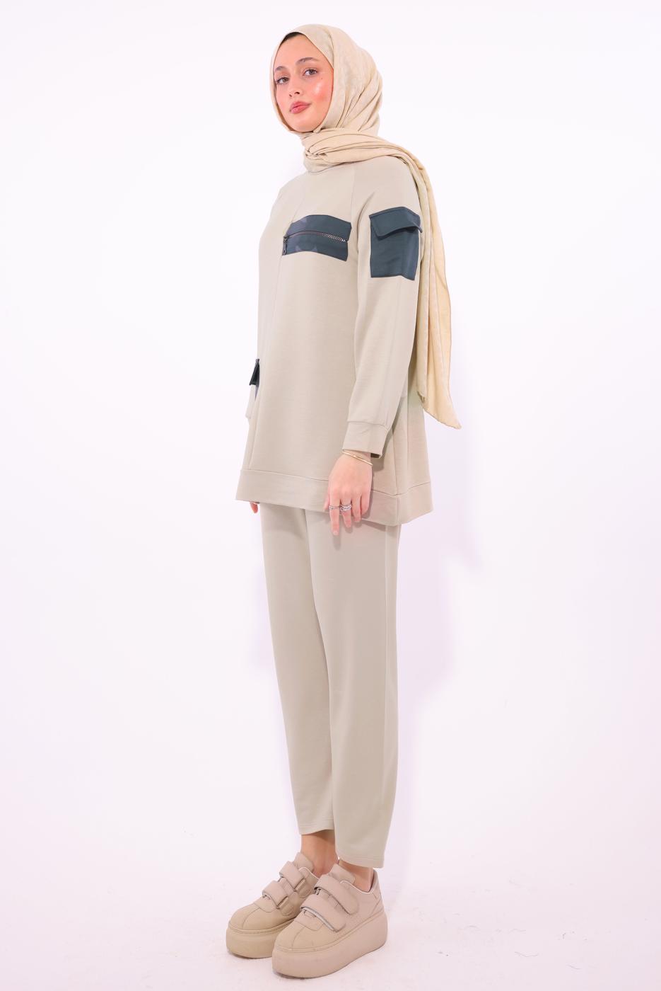 Tesettür giyim BEJ CEPLİ PANTOLONLU TAKIM T 5074