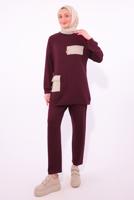 Tesettür giyim BORDO CEPLİ PANTOLONLU TAKIM T 5074