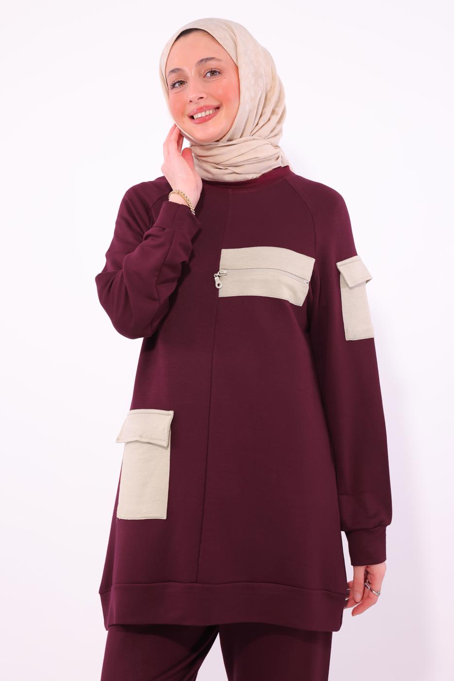Tesettür giyim BORDO CEPLİ PANTOLONLU TAKIM T 5074