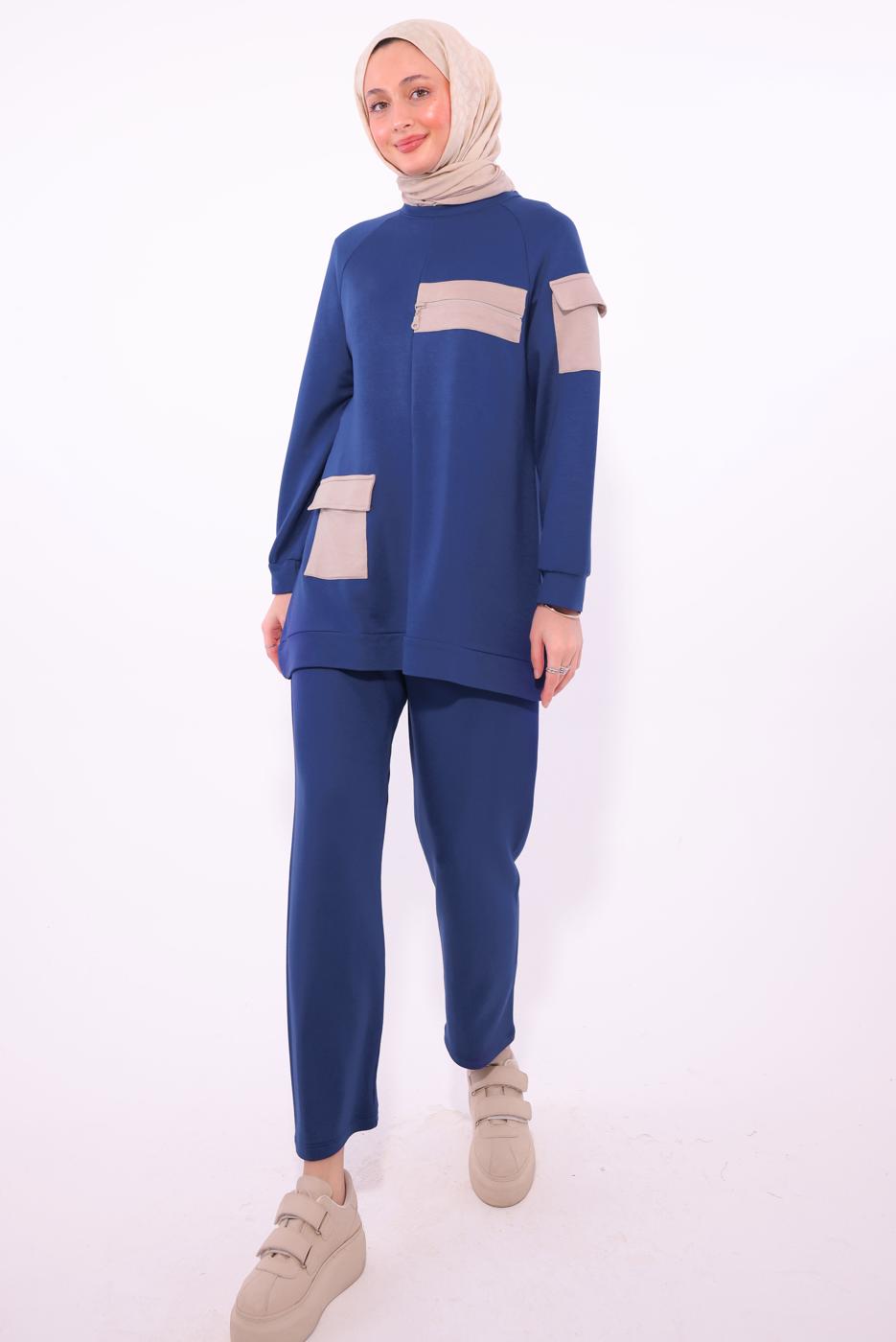 Tesettür giyim LACİVERT CEPLİ PANTOLONLU TAKIM T 5074