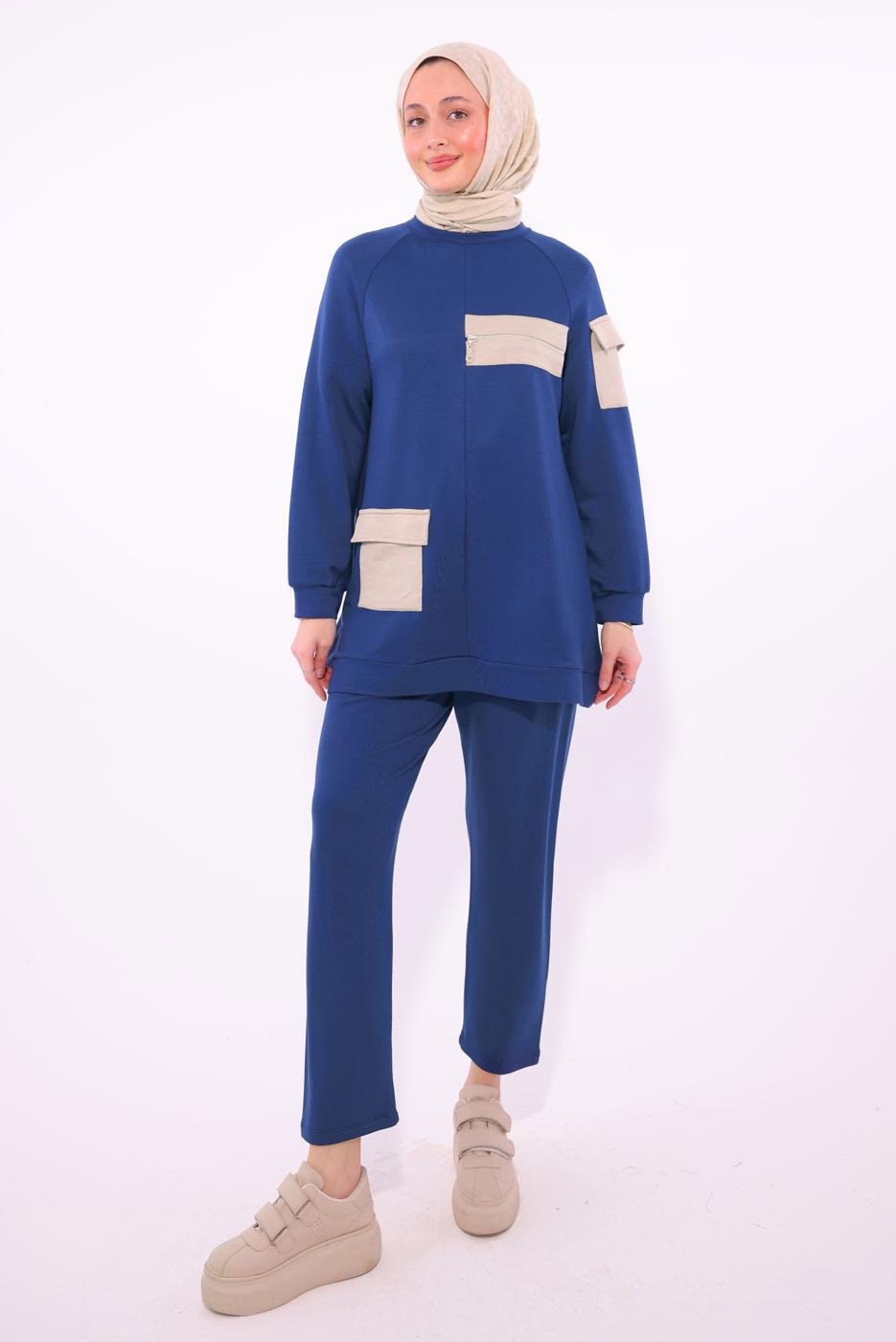 Tesettür giyim LACİVERT CEPLİ PANTOLONLU TAKIM T 5074