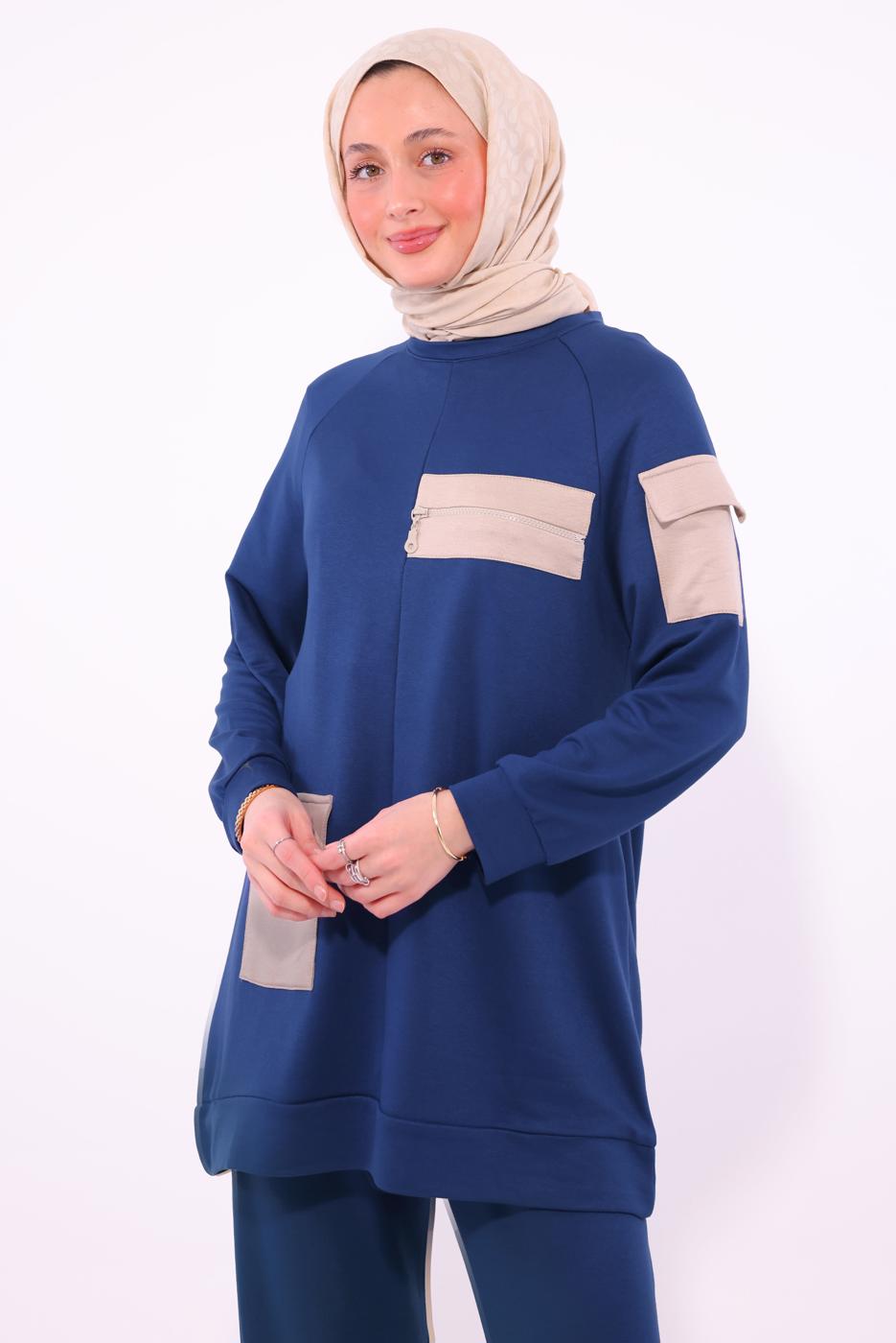 Tesettür giyim LACİVERT CEPLİ PANTOLONLU TAKIM T 5074