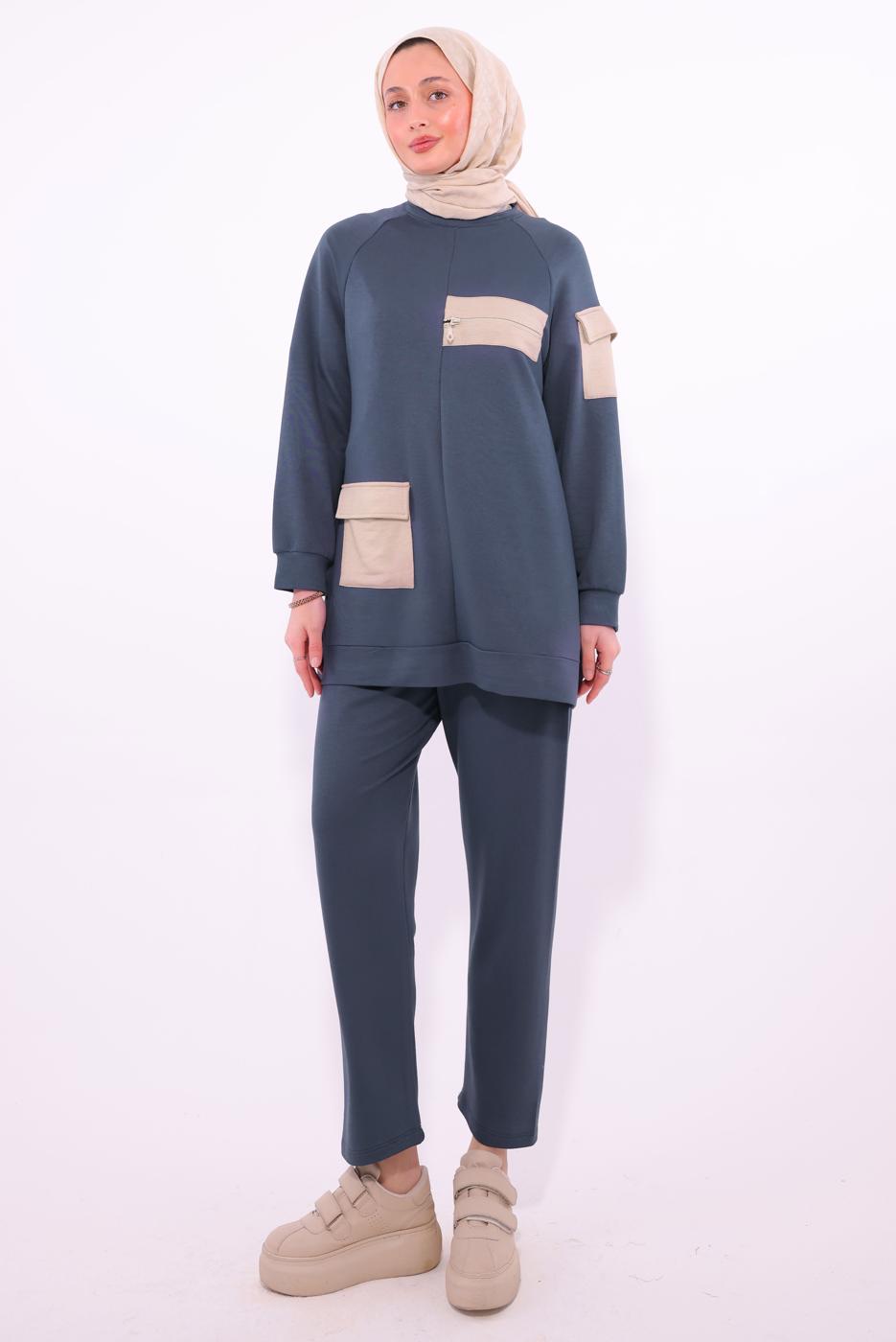 Tesettür giyim GRİ CEPLİ PANTOLONLU TAKIM T 5074