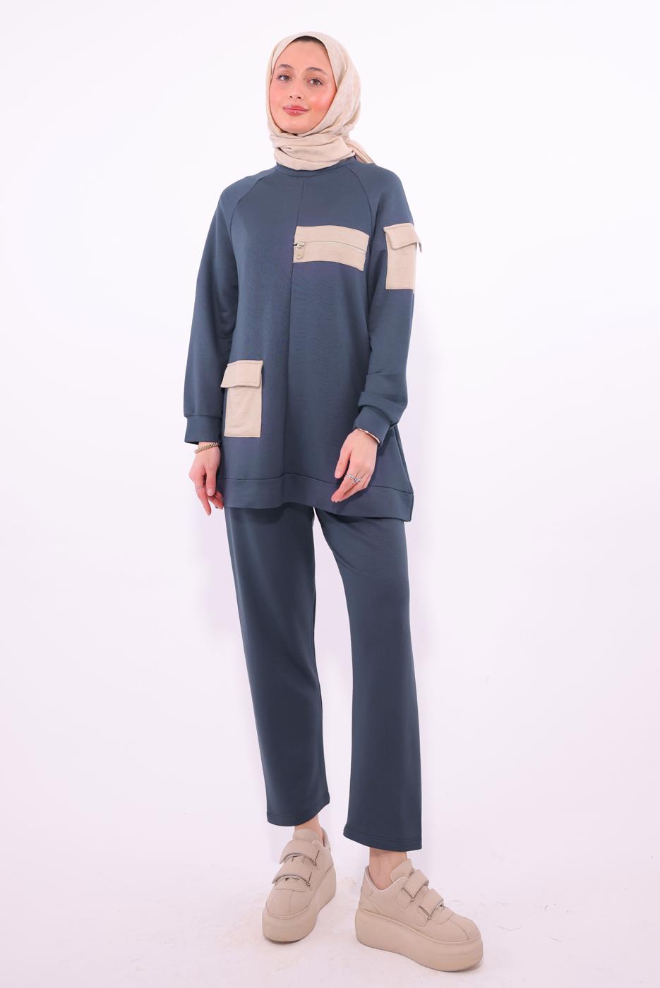 Tesettür giyim GRİ CEPLİ PANTOLONLU TAKIM T 5074