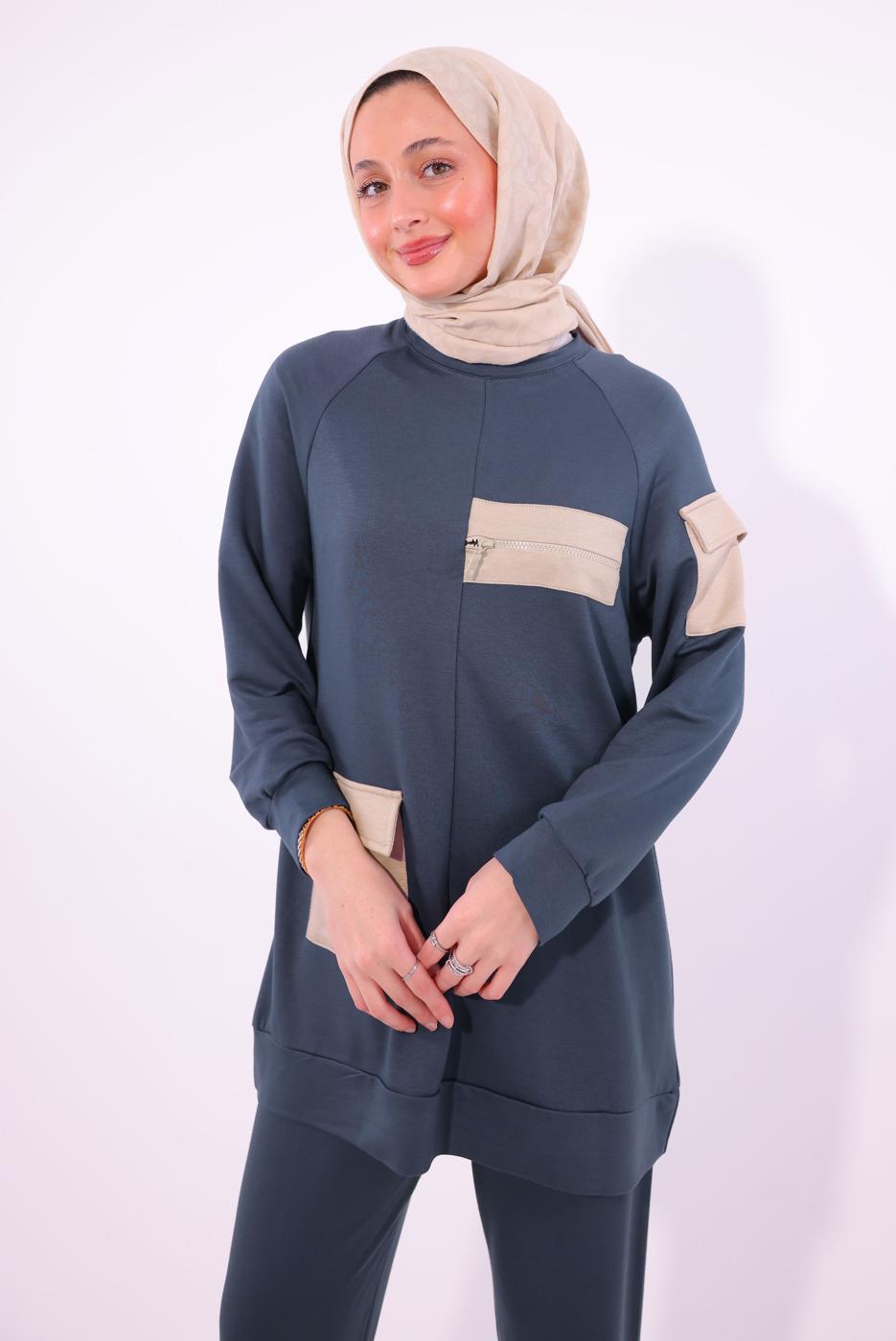 Tesettür giyim GRİ CEPLİ PANTOLONLU TAKIM T 5074