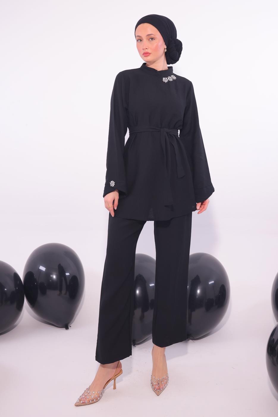 Tesettür giyim SİYAH TAŞ DETAYLI PANTOLONU TAKIM T 5084