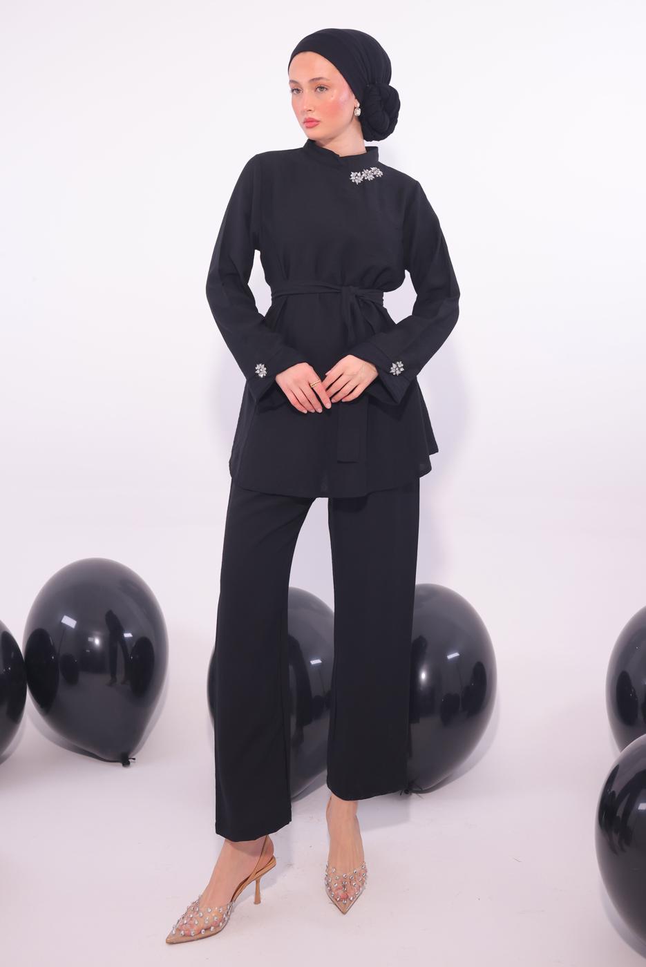 Tesettür giyim SİYAH TAŞ DETAYLI PANTOLONU TAKIM T 5084