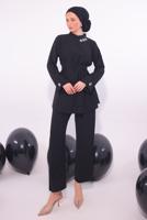 Tesettür giyim SİYAH TAŞ DETAYLI PANTOLONU TAKIM T 5084