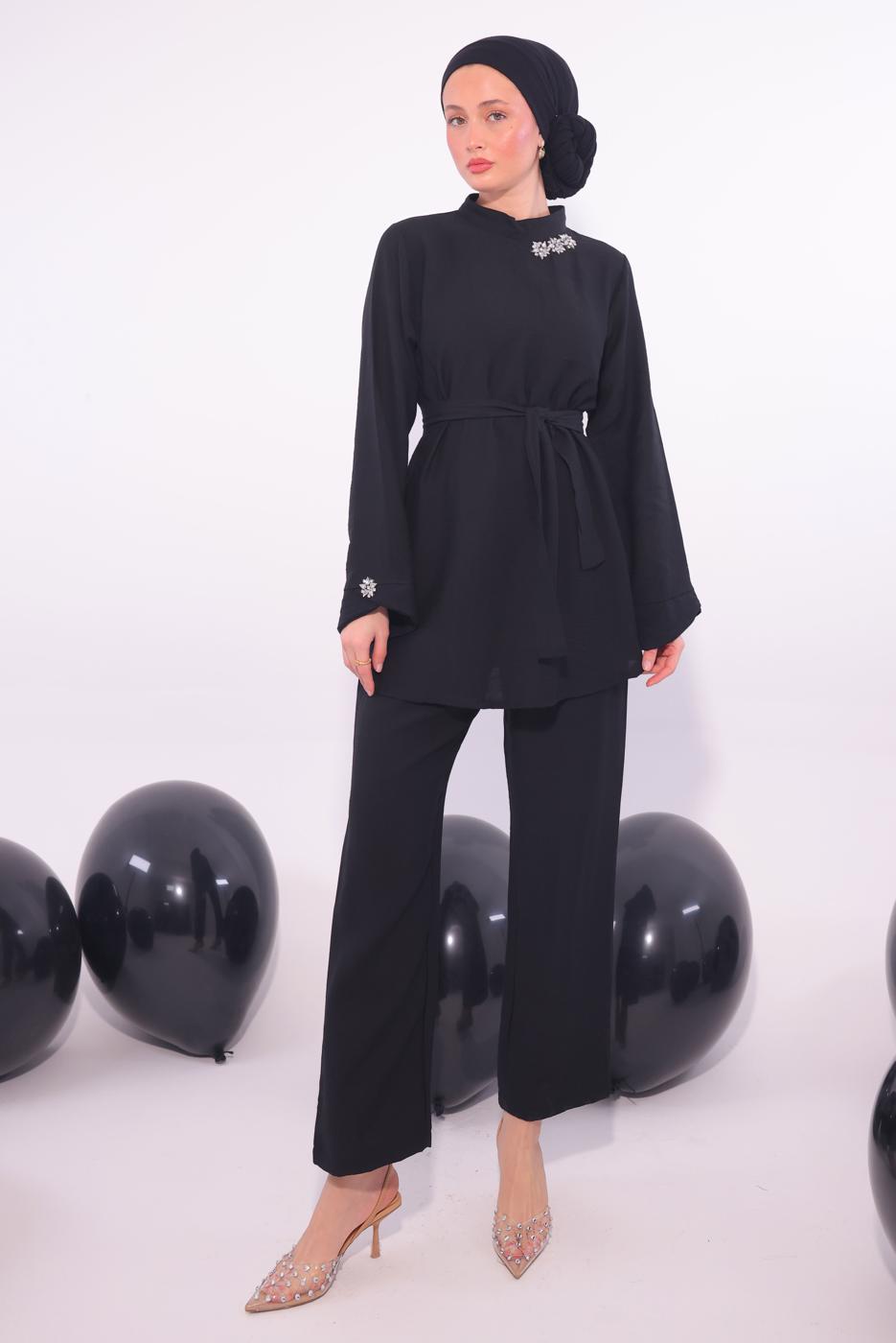 Tesettür giyim SİYAH TAŞ DETAYLI PANTOLONU TAKIM T 5084