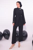 Tesettür giyim SİYAH TAŞ DETAYLI PANTOLONU TAKIM T 5084