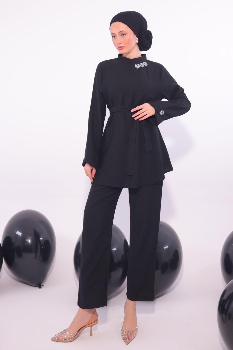 Tesettür giyim SİYAH TAŞ DETAYLI PANTOLONU TAKIM T 5084