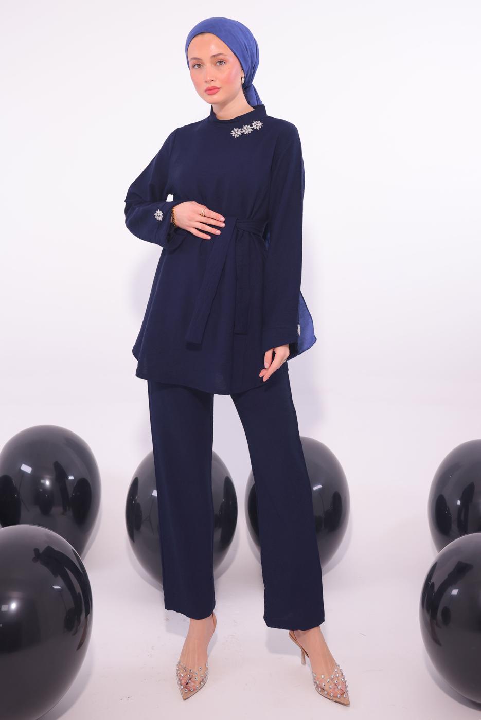 Tesettür giyim LACİVERT TAŞ DETAYLI PANTOLONU TAKIM T 5084
