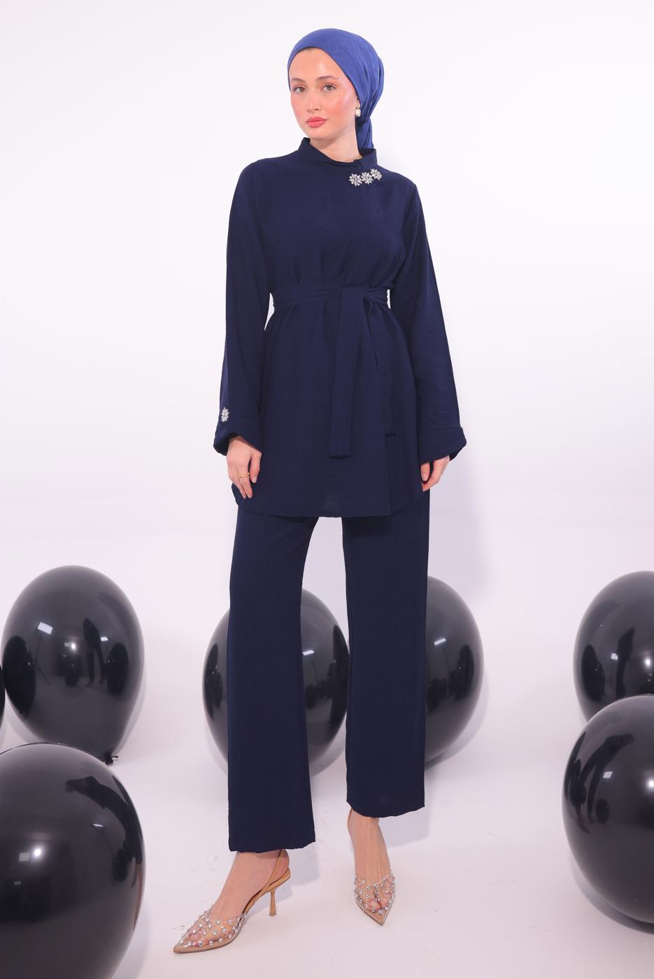 Tesettür giyim LACİVERT TAŞ DETAYLI PANTOLONU TAKIM T 5084