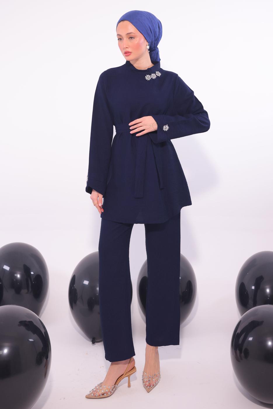 Tesettür giyim LACİVERT TAŞ DETAYLI PANTOLONU TAKIM T 5084