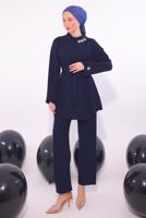 Tesettür giyim LACİVERT TAŞ DETAYLI PANTOLONU TAKIM T 5084