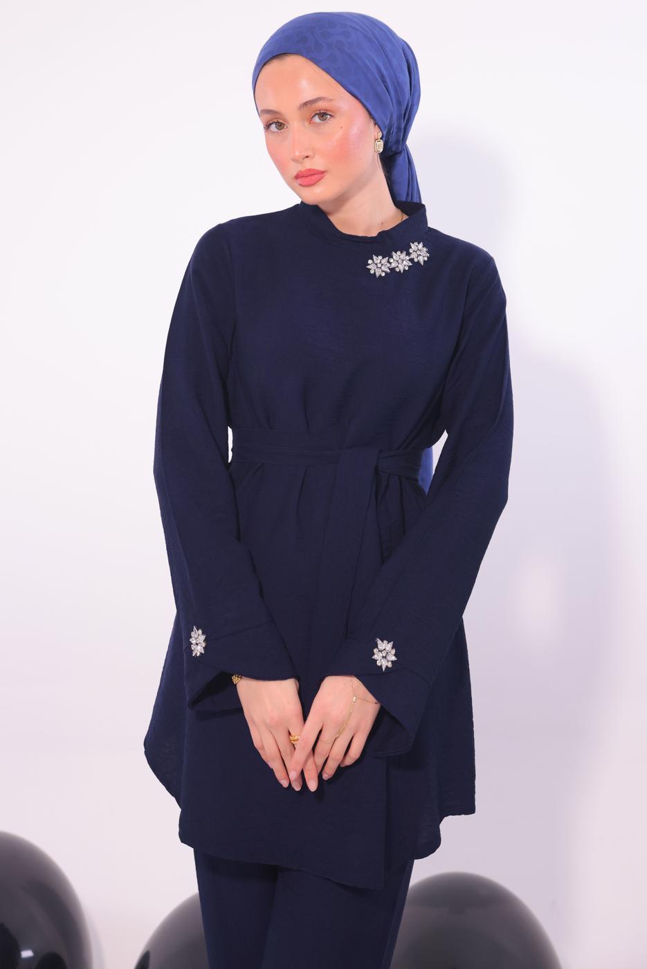 Tesettür giyim LACİVERT TAŞ DETAYLI PANTOLONU TAKIM T 5084