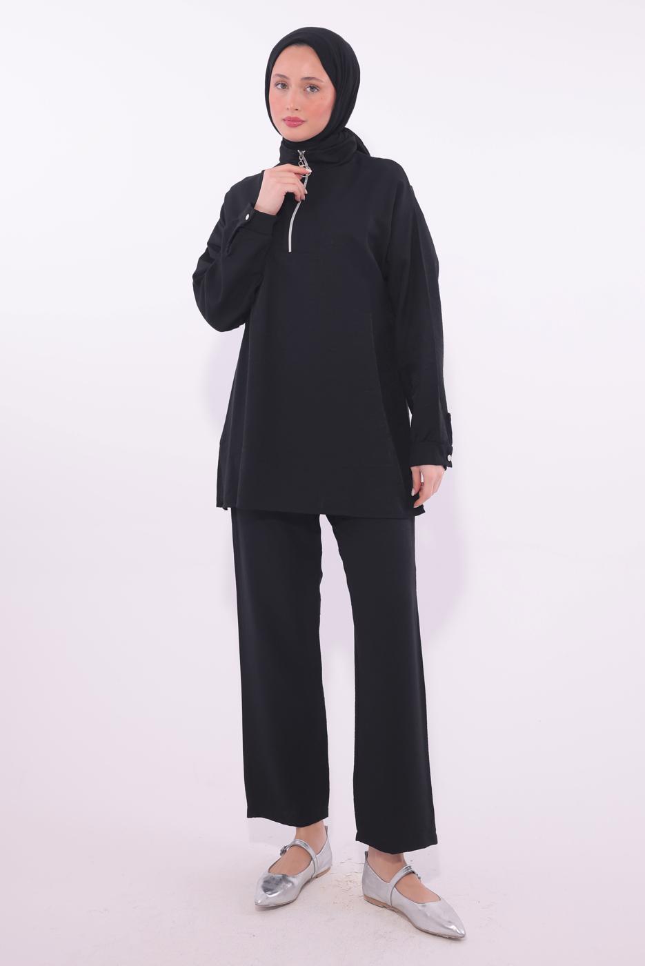 Tesettür giyim SİYAH FERMUARLI PANTOLONLU TAKIM T 5274