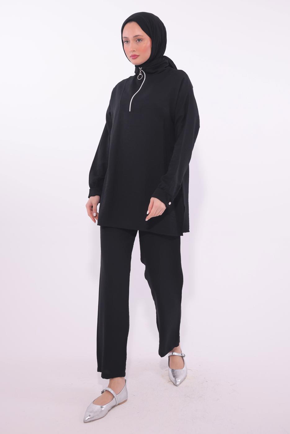 Tesettür giyim SİYAH FERMUARLI PANTOLONLU TAKIM T 5274
