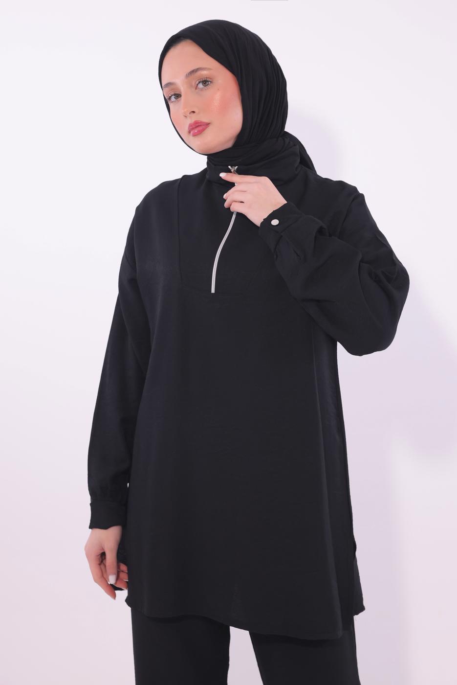 Tesettür giyim SİYAH FERMUARLI PANTOLONLU TAKIM T 5274
