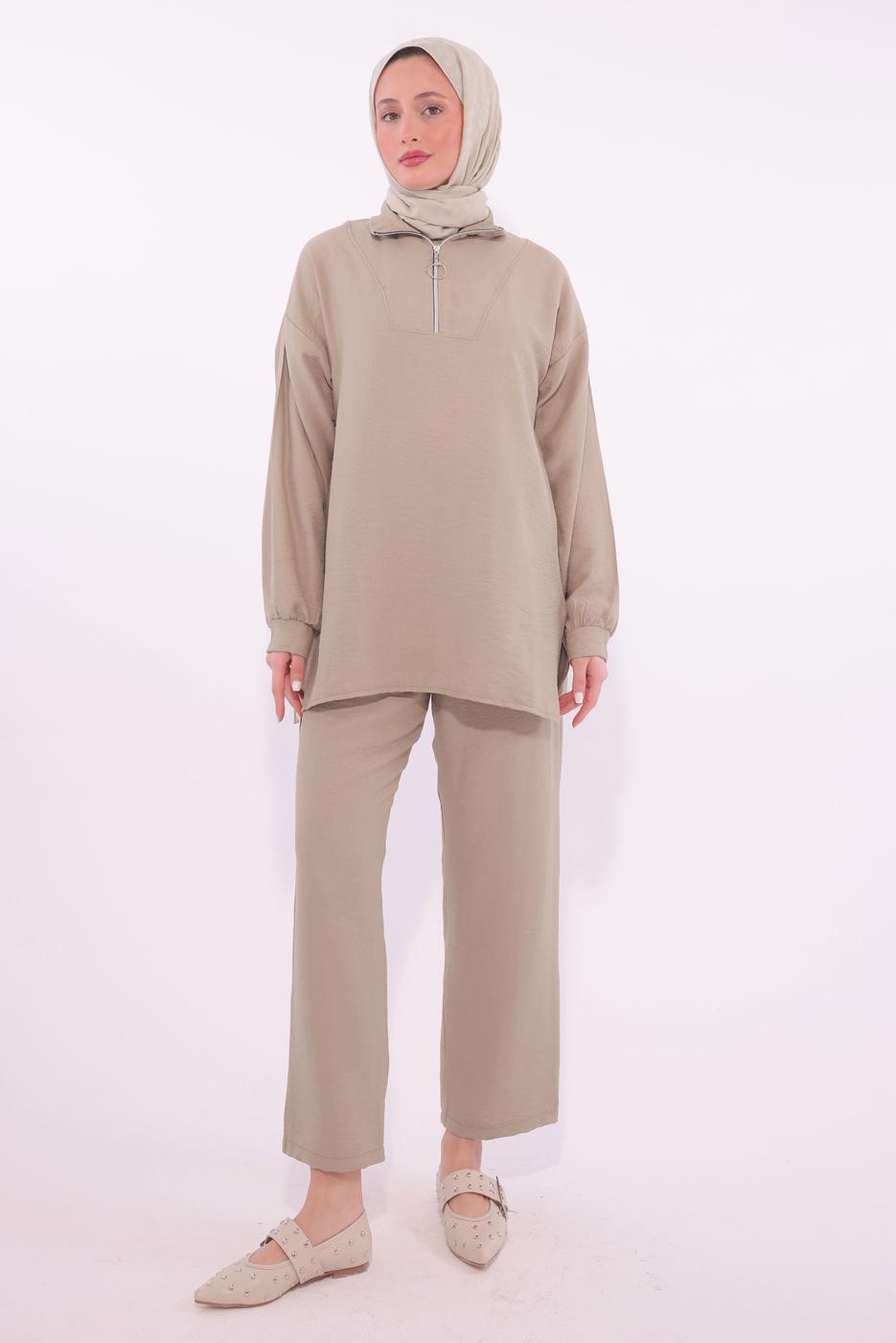 Tesettür giyim KAHVE FERMUARLI PANTOLONLU TAKIM T 5274
