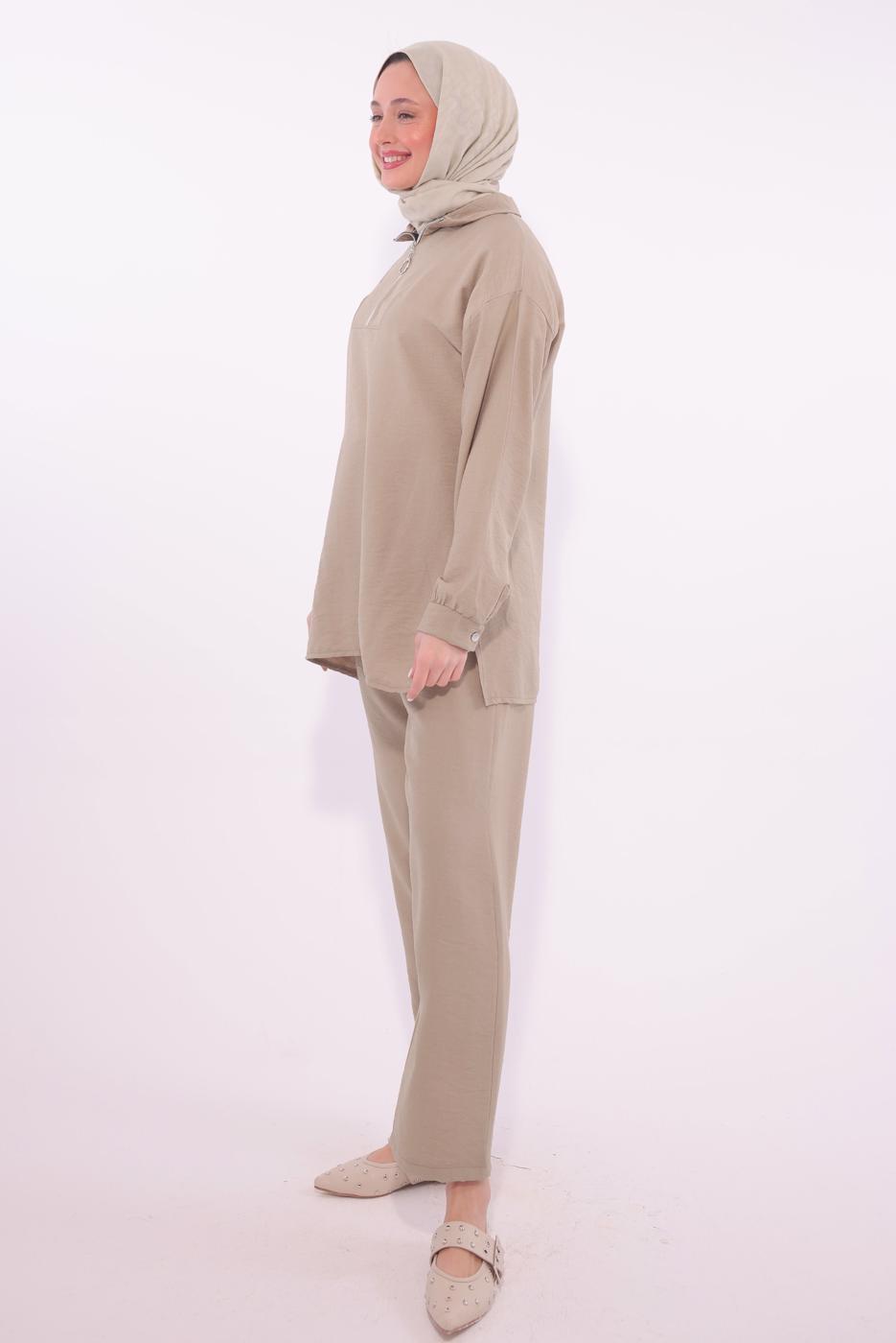 Tesettür giyim KAHVE FERMUARLI PANTOLONLU TAKIM T 5274