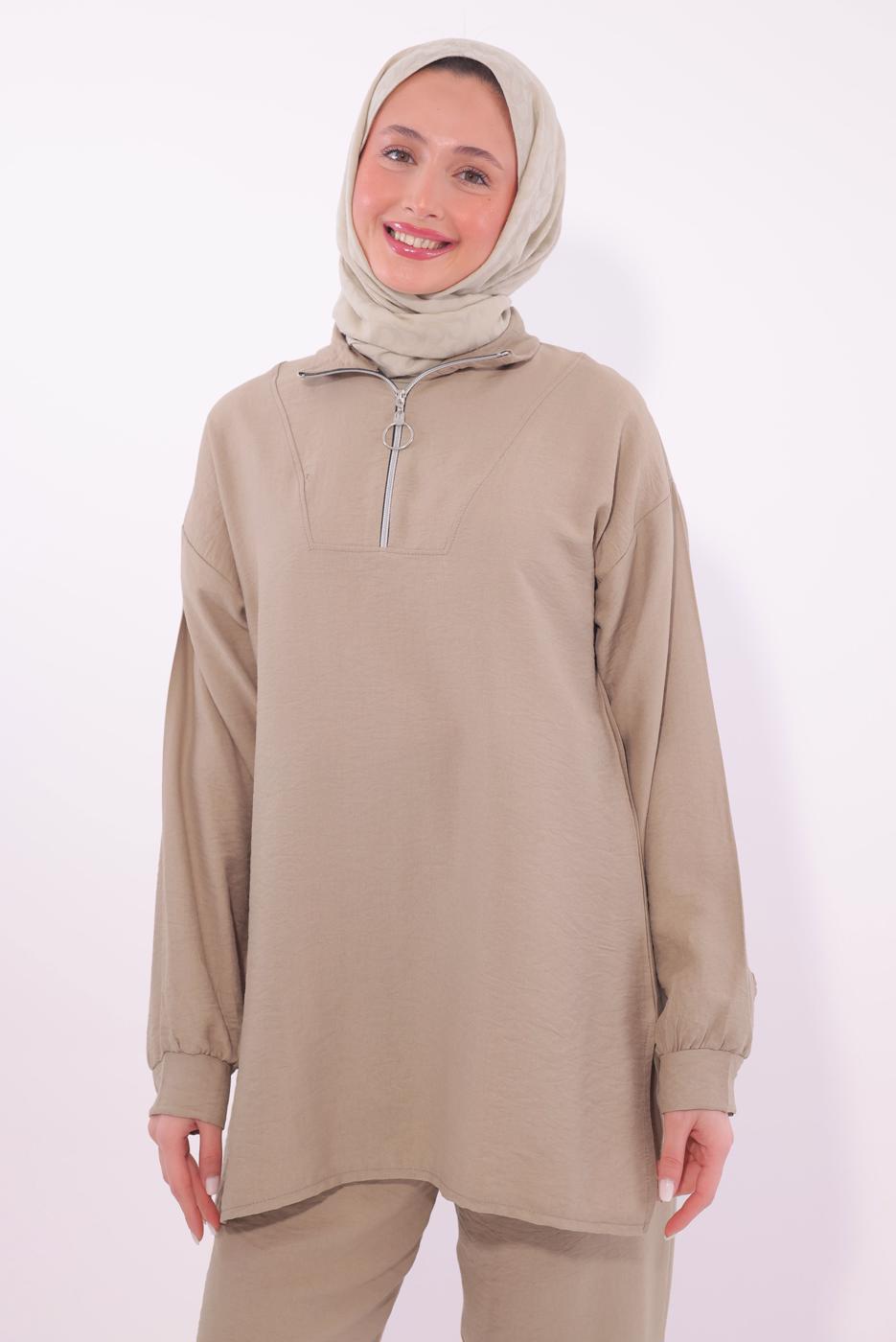 Tesettür giyim KAHVE FERMUARLI PANTOLONLU TAKIM T 5274