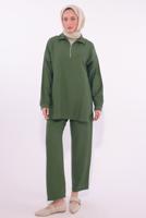 Tesettür giyim HAKİ FERMUARLI PANTOLONLU TAKIM T 5274