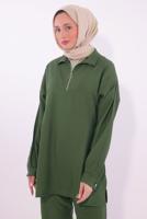 Tesettür giyim HAKİ FERMUARLI PANTOLONLU TAKIM T 5274