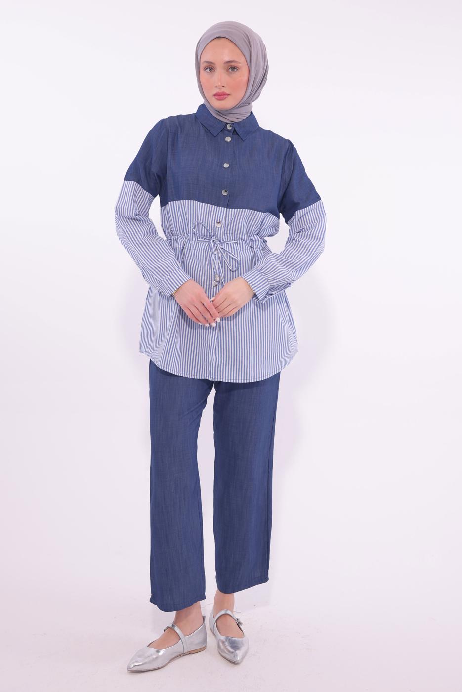 Tesettür giyim LACİVERT ÇİZGİLİ PANTOLONLU TAKIM T 5574