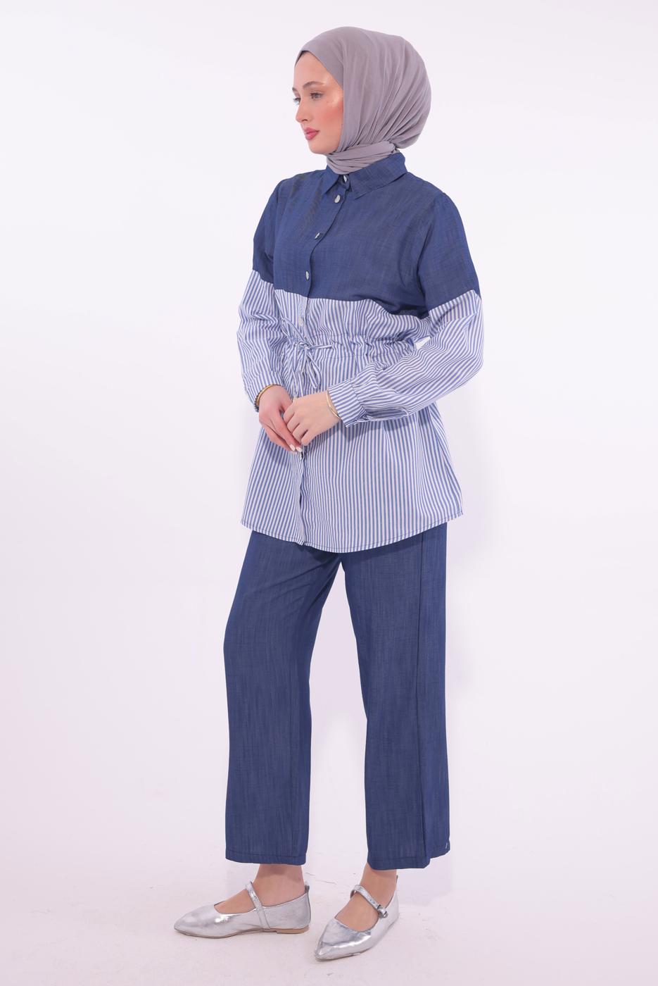 Tesettür giyim LACİVERT ÇİZGİLİ PANTOLONLU TAKIM T 5574