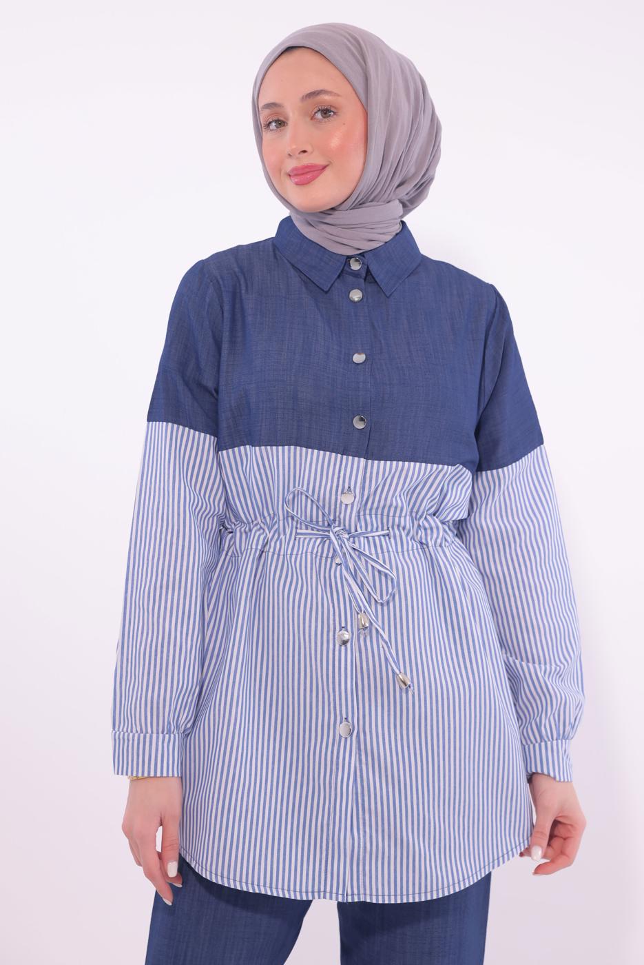 Tesettür giyim LACİVERT ÇİZGİLİ PANTOLONLU TAKIM T 5574