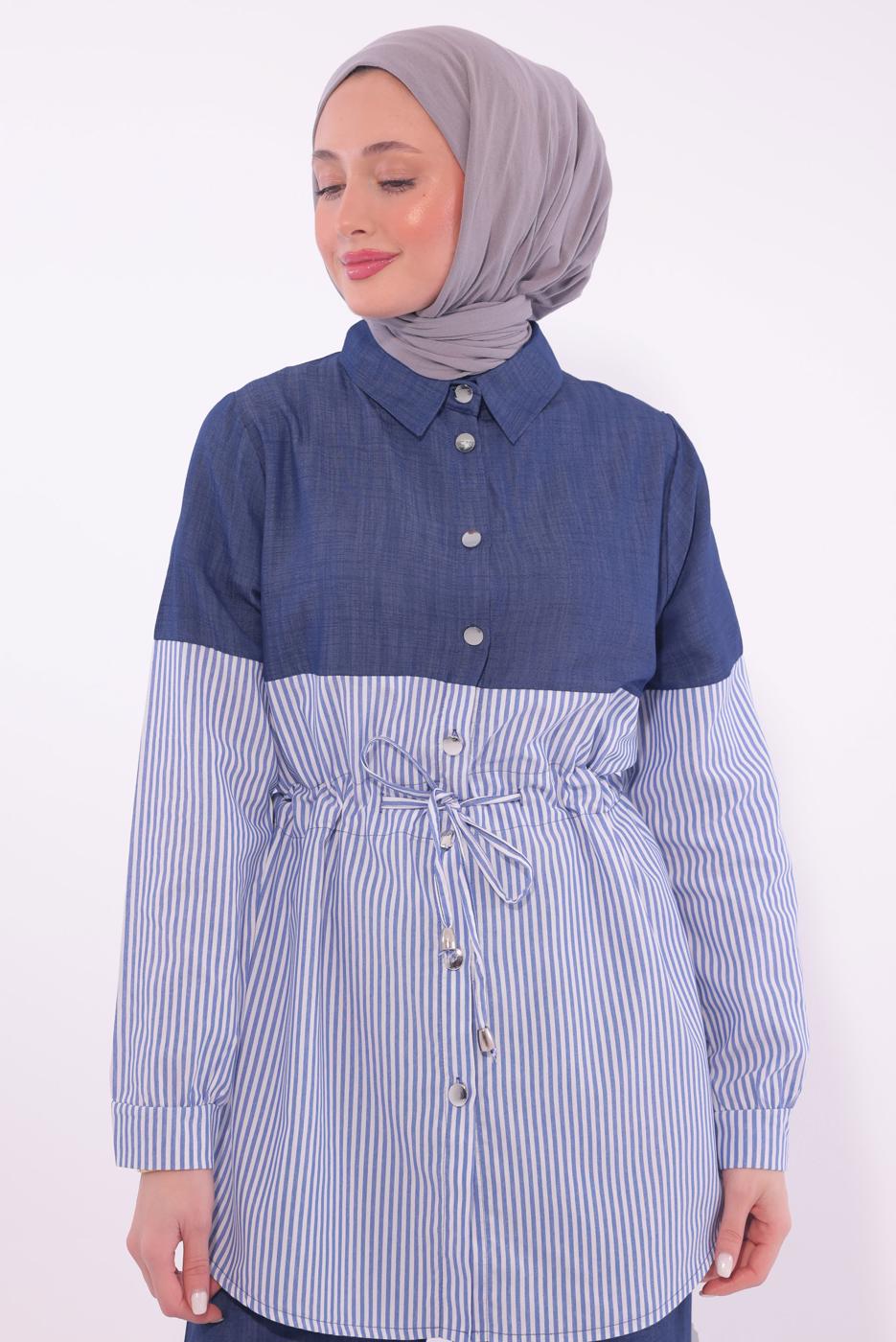 Tesettür giyim LACİVERT ÇİZGİLİ PANTOLONLU TAKIM T 5574