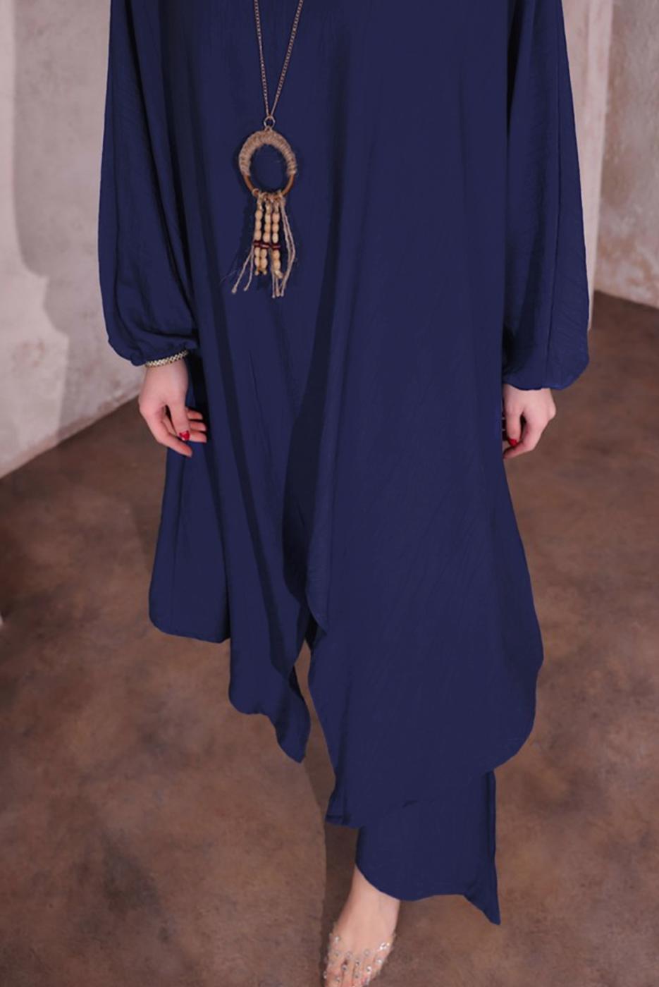 Tesettür giyim LACİVERT KOLYELİ SALAŞ PANTOLONLU TAKIM T 5674