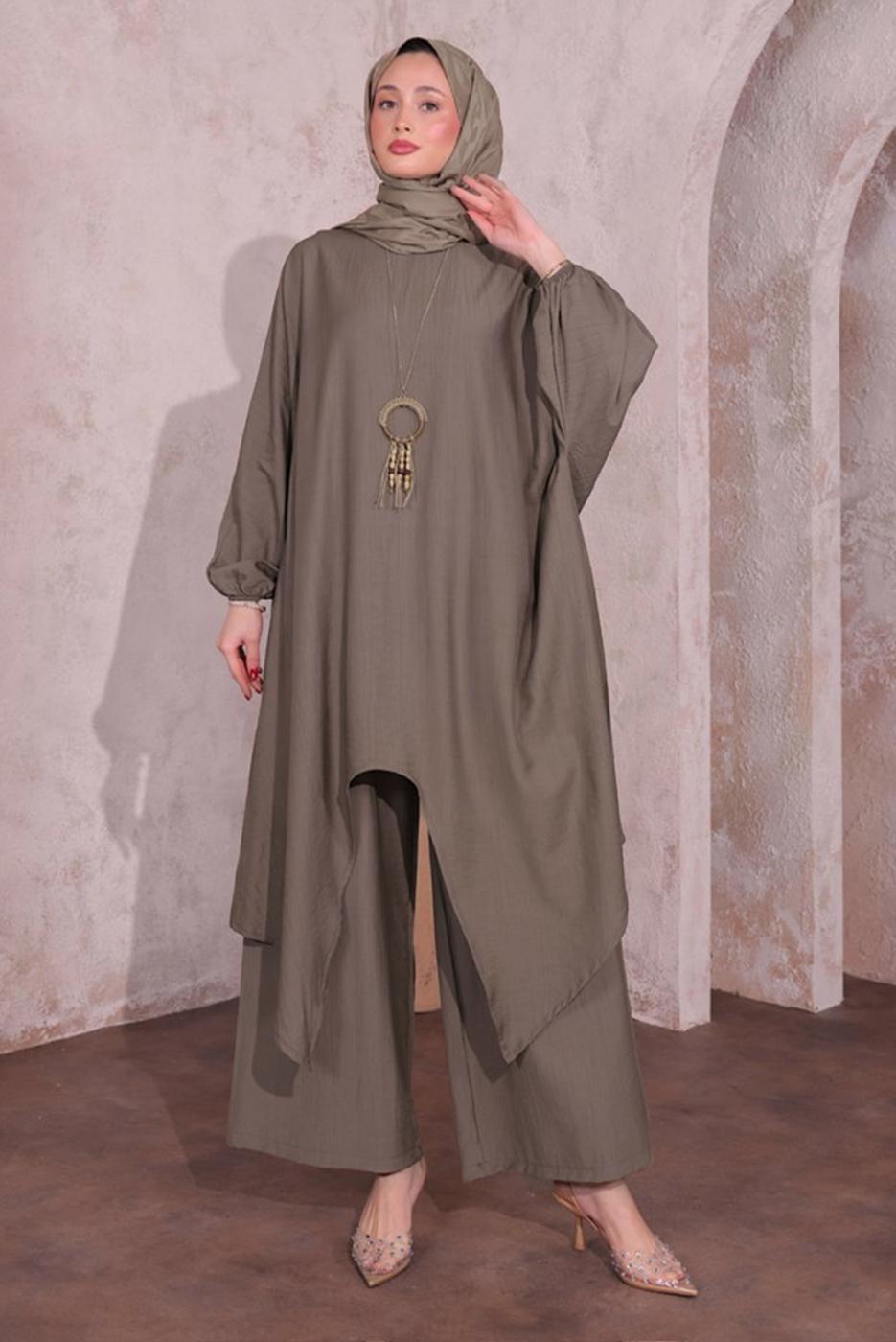 Tesettür giyim VİZON KOLYELİ SALAŞ PANTOLONLU TAKIM T 5674