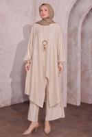 Tesettür giyim BEJ KOLYELİ SALAŞ PANTOLONLU TAKIM T 5674