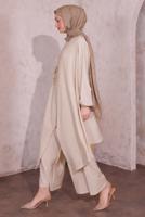 Tesettür giyim BEJ KOLYELİ SALAŞ PANTOLONLU TAKIM T 5674
