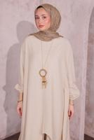 Tesettür giyim BEJ KOLYELİ SALAŞ PANTOLONLU TAKIM T 5674